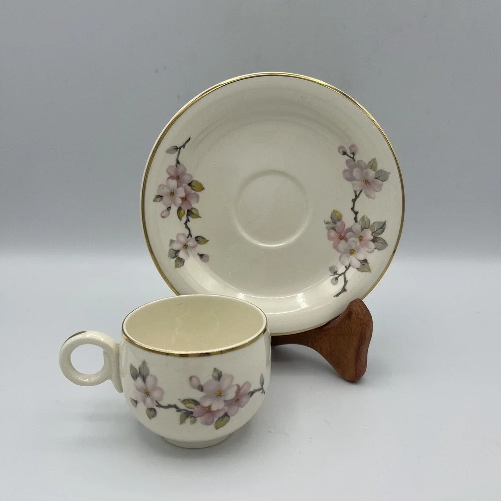 Vintage Homer Laughlin Demitasse Cup Saucer Eggshell Dogwood Floral Gold USA‎